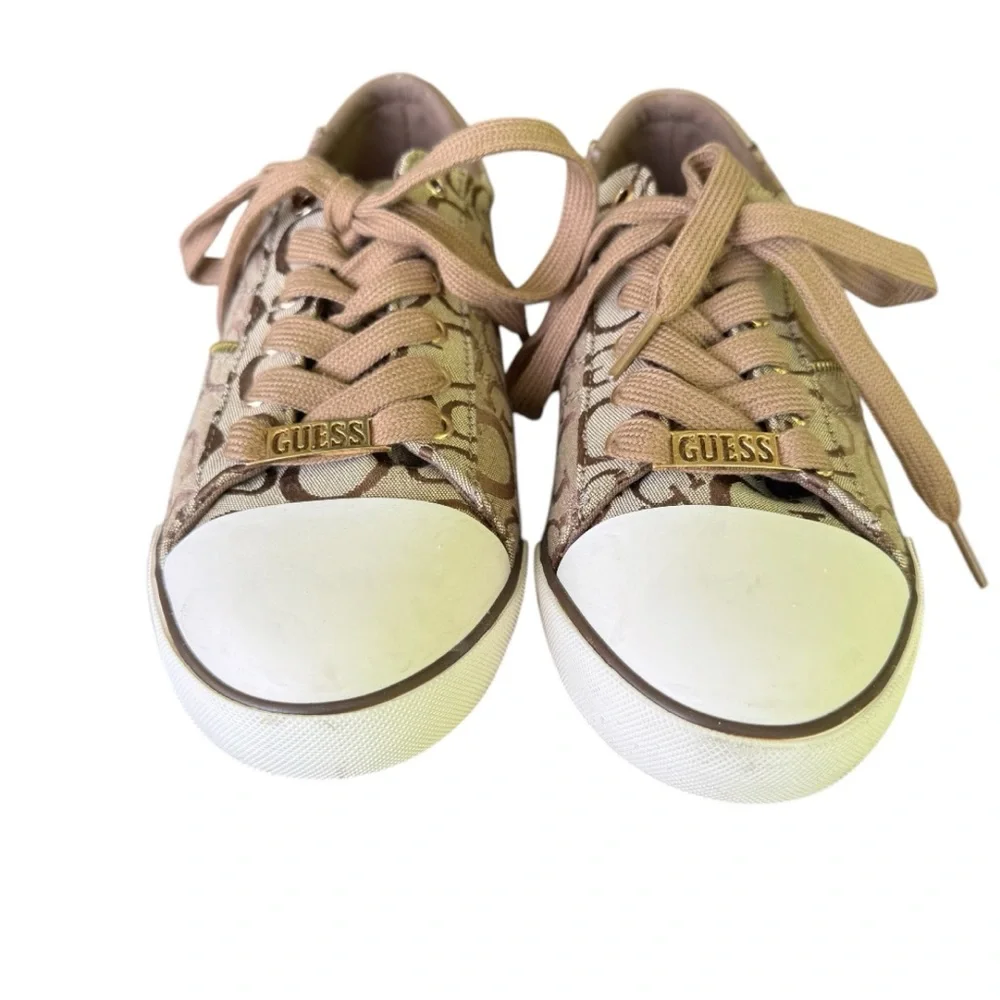 Guess Women's Tan & Brown Faux Leather Zip Sneakers WGHartly 2-C Blue Size 7.5